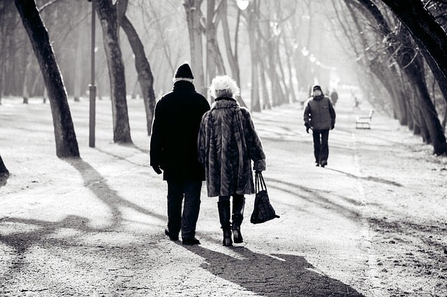 An elderly couple walks together in the winter.